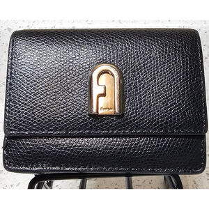 Compact Tri-Fold Black Furla Wallet with Gold hardware